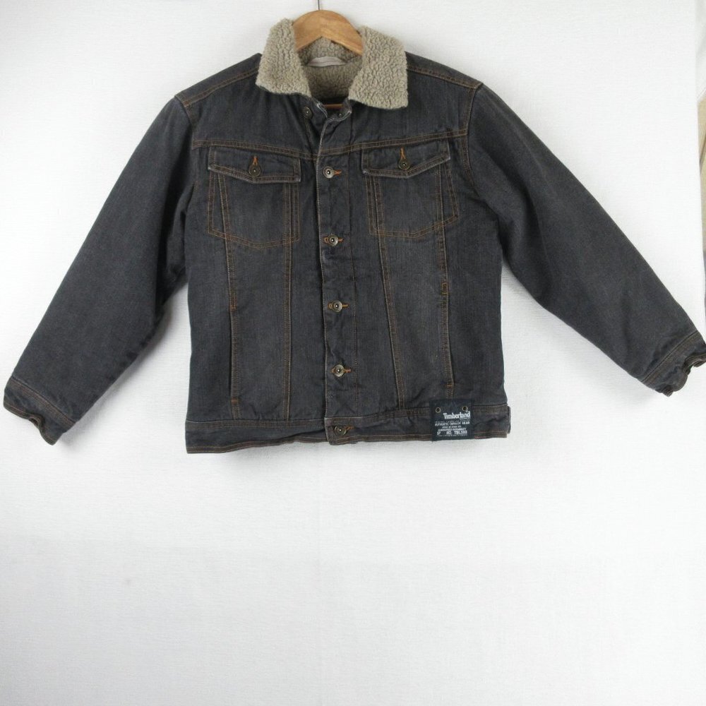 Timberland Sherpa Lined Black Denim Jacket Size M Outdoor Button Collar Jacket